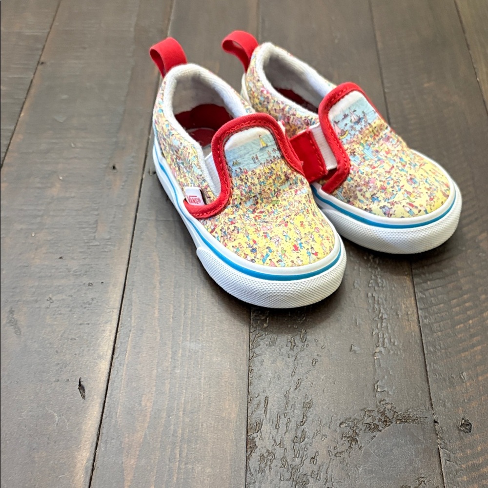 Vans Kids Slip-On Sneakers - Red Trim Multicolor Pattern Where Waldo